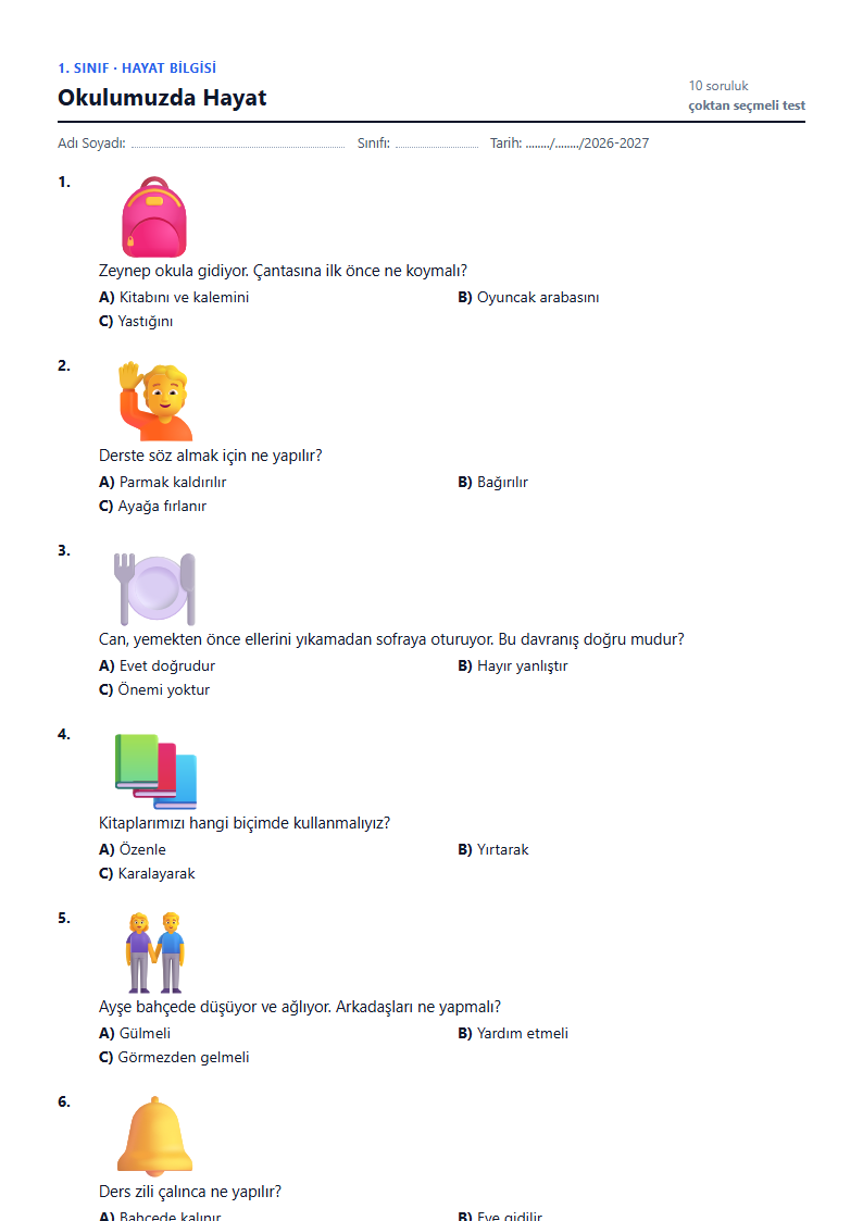 Okulumuzda Hayat çalışma kağıdı önizlemesi