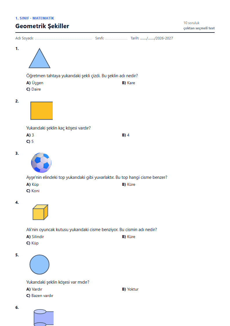 Geometrik Şekiller çalışma kağıdı önizlemesi