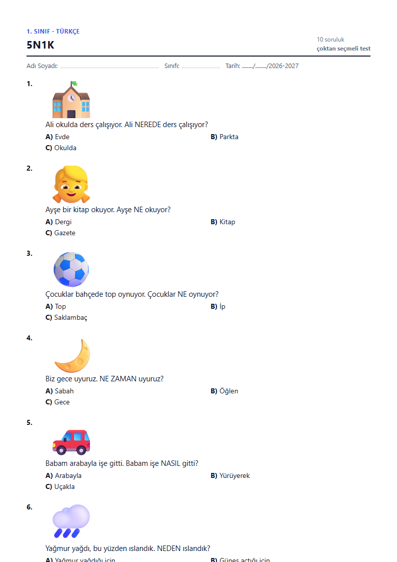 5N1K çalışma kağıdı önizlemesi