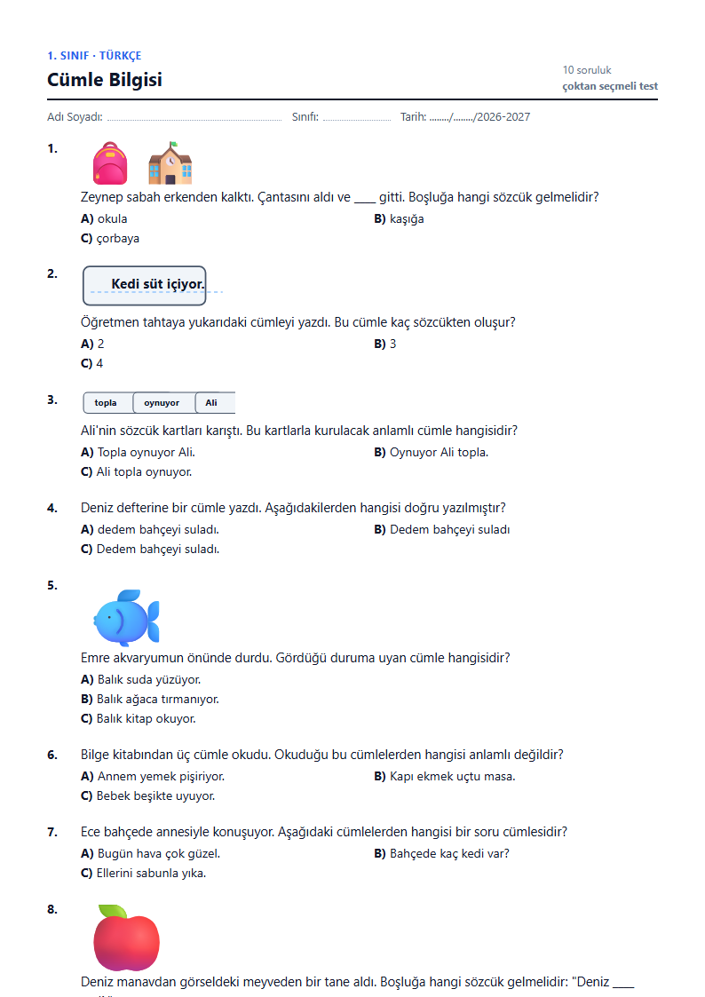 Cümle Bilgisi çalışma kağıdı önizlemesi