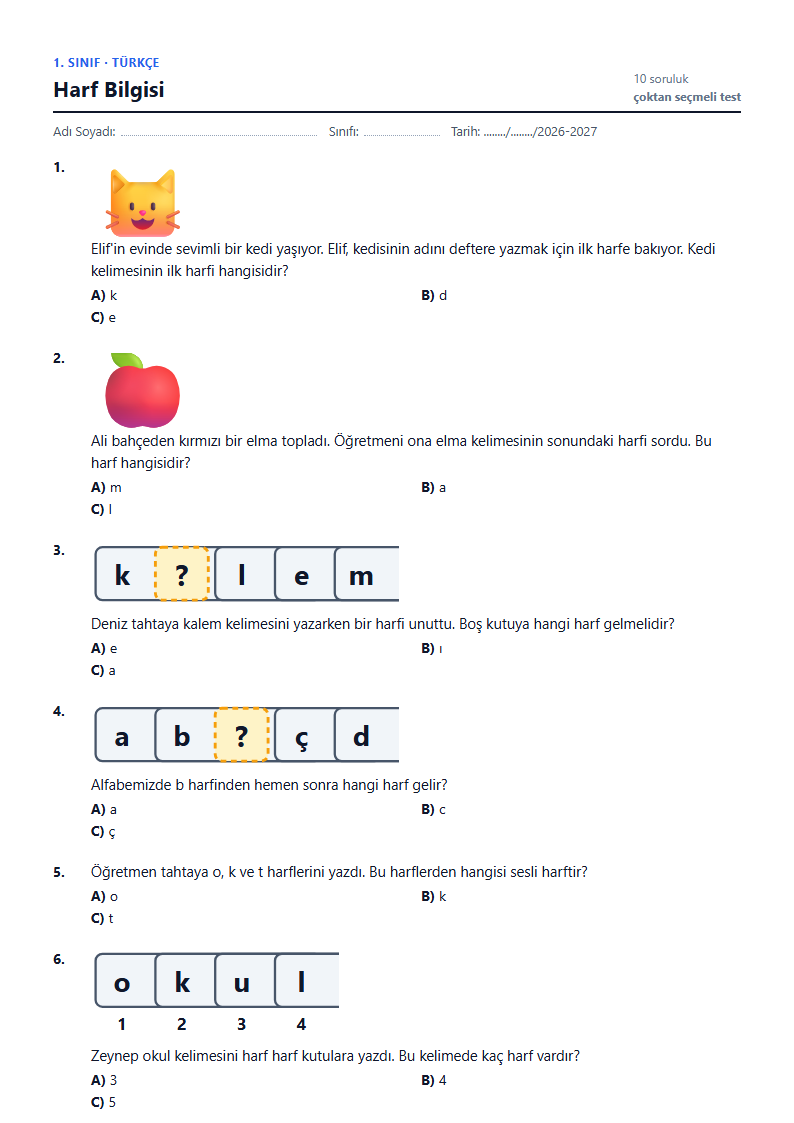 Harf Bilgisi çalışma kağıdı önizlemesi