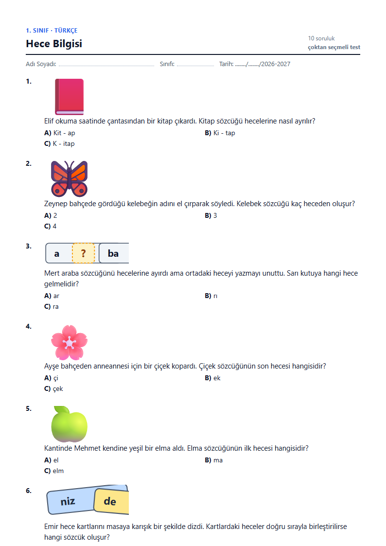 Hece Bilgisi çalışma kağıdı önizlemesi