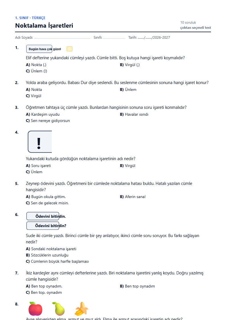 Noktalama İşaretleri çalışma kağıdı önizlemesi