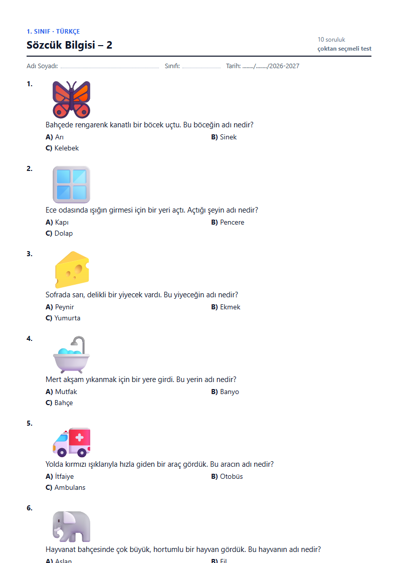 Sözcük Bilgisi – 2 çalışma kağıdı önizlemesi