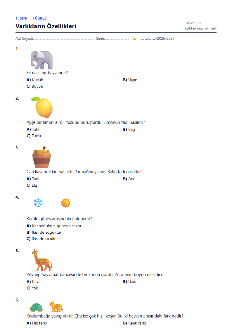 Varlıkların Özellikleri çalışma kağıdı önizlemesi