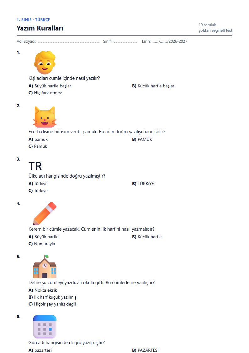 Yazım Kuralları çalışma kağıdı önizlemesi