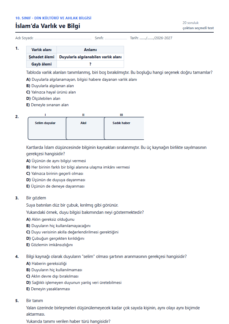 İslam’da Varlık ve Bilgi çalışma kağıdı önizlemesi