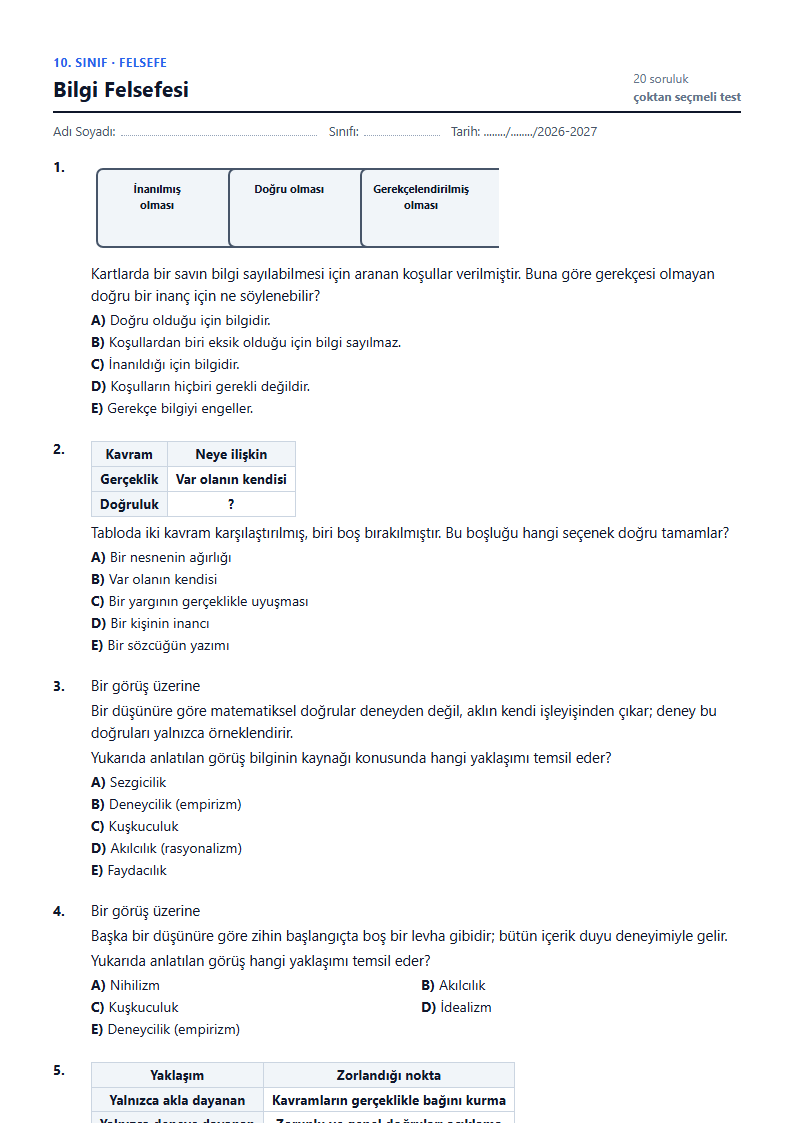 Bilgi Felsefesi çalışma kağıdı önizlemesi