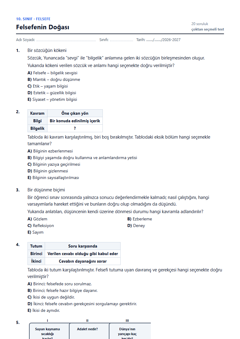 Felsefenin Doğası çalışma kağıdı önizlemesi