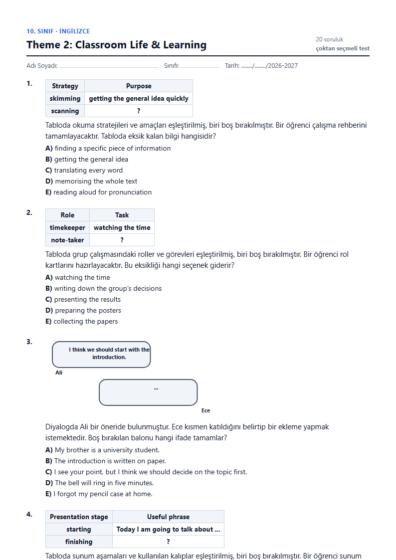 Theme 2: Classroom Life & Learning çalışma kağıdı önizlemesi