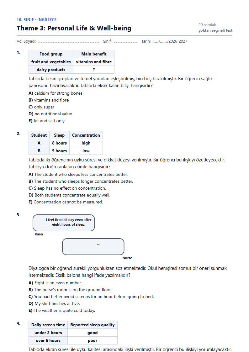 Theme 3: Personal Life & Well-being çalışma kağıdı önizlemesi