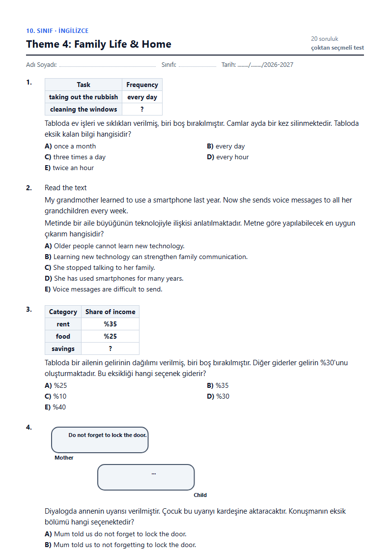 Theme 4: Family Life & Home çalışma kağıdı önizlemesi
