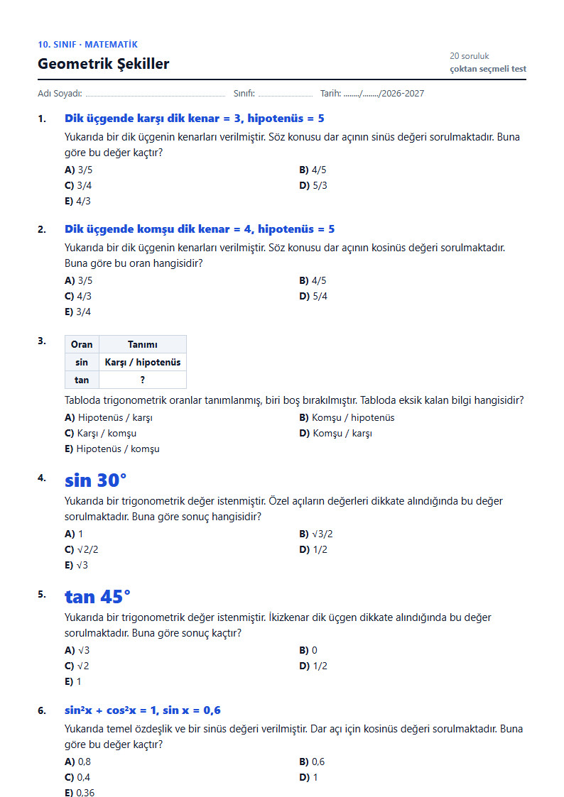 Geometrik Şekiller çalışma kağıdı önizlemesi