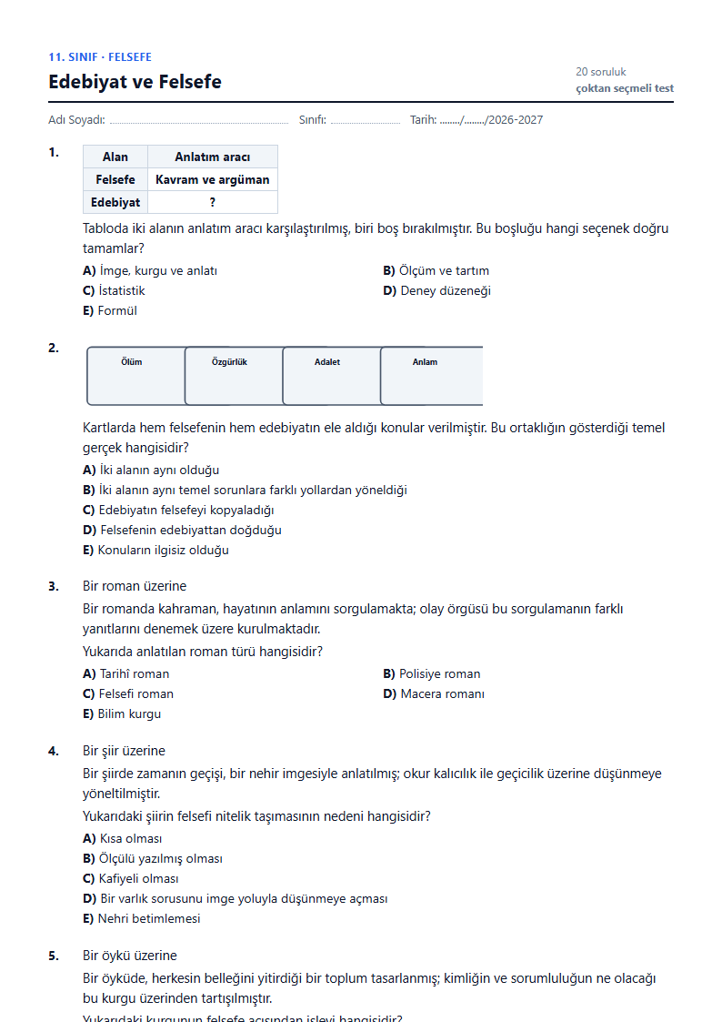 Edebiyat ve Felsefe çalışma kağıdı önizlemesi