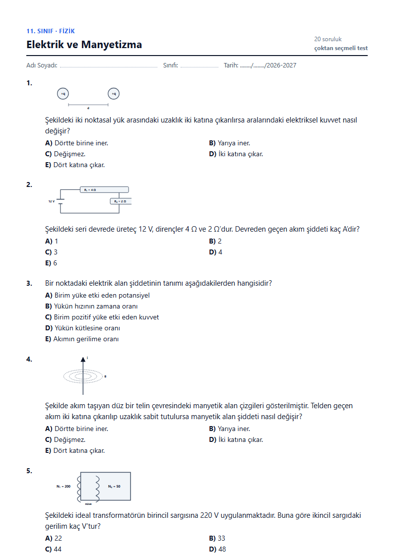 Elektrik ve Manyetizma çalışma kağıdı önizlemesi