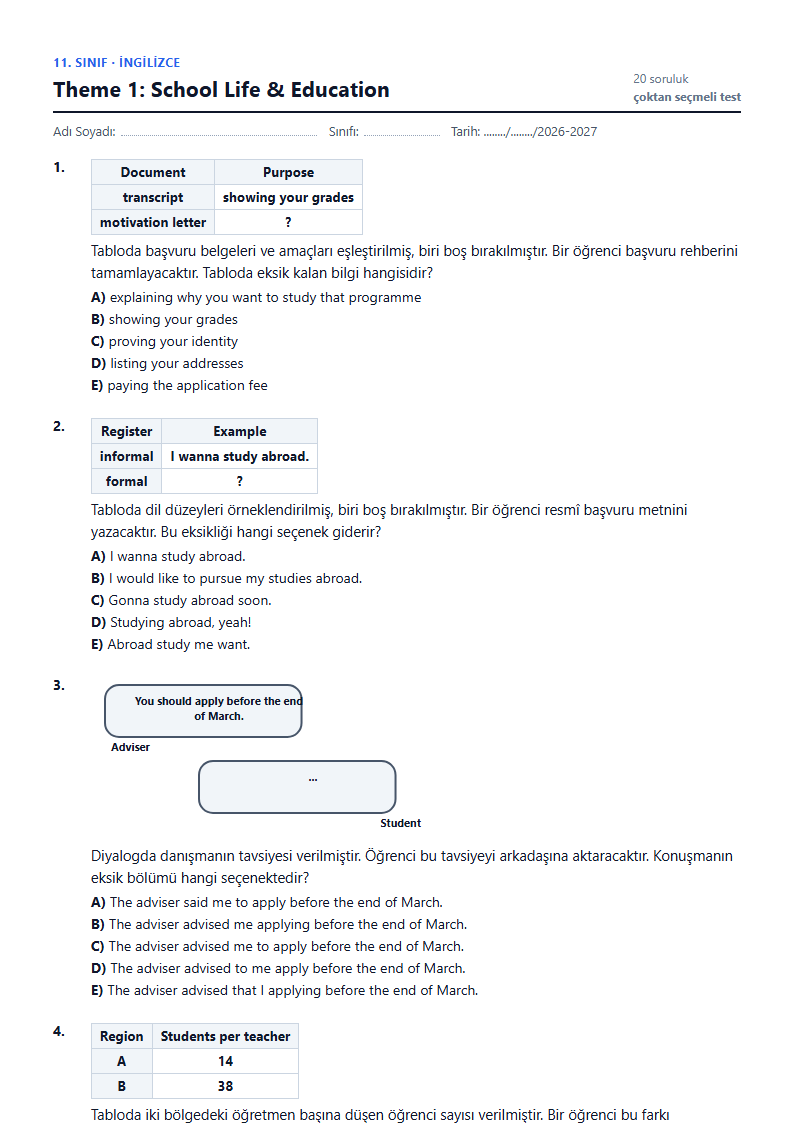 Theme 1: School Life & Education çalışma kağıdı önizlemesi