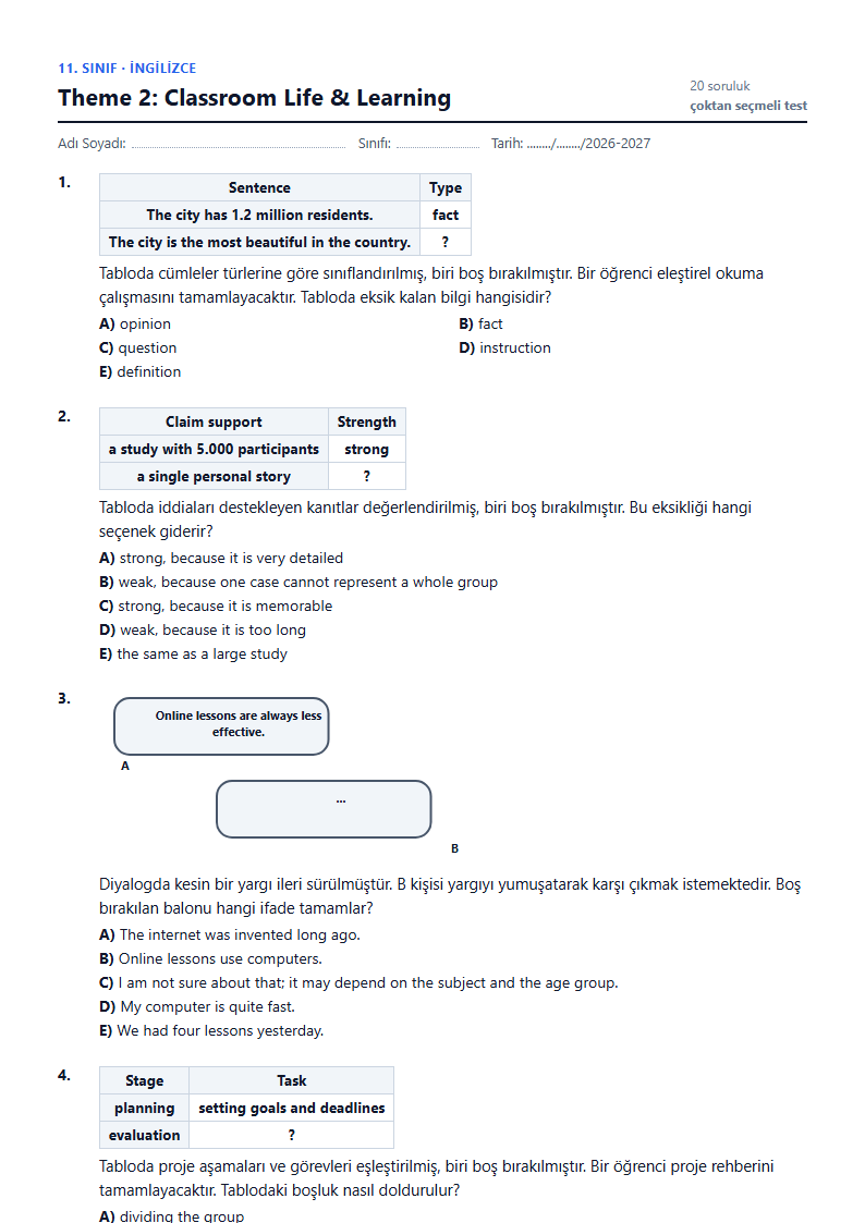 Theme 2: Classroom Life & Learning çalışma kağıdı önizlemesi