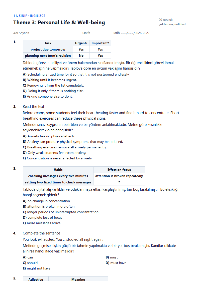 Theme 3: Personal Life & Well-being çalışma kağıdı önizlemesi