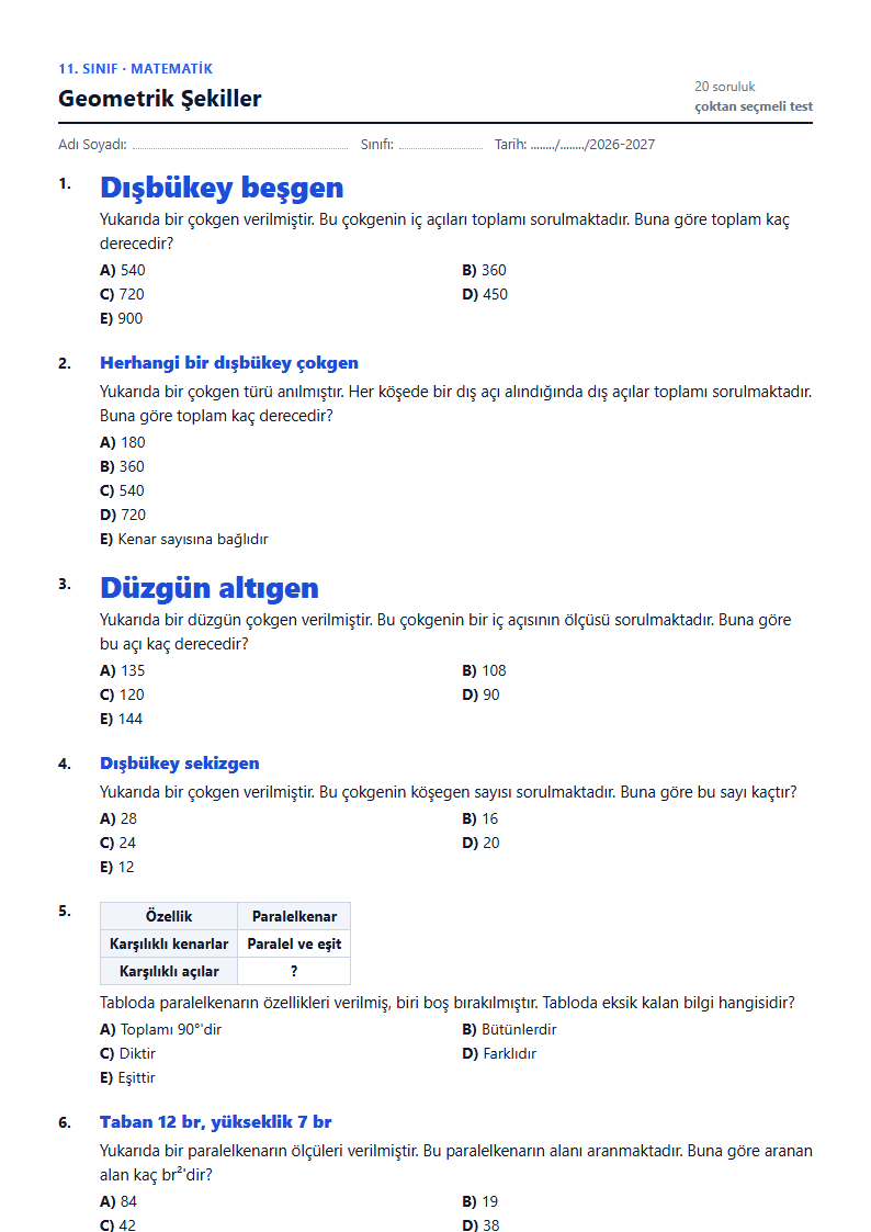 Geometrik Şekiller çalışma kağıdı önizlemesi