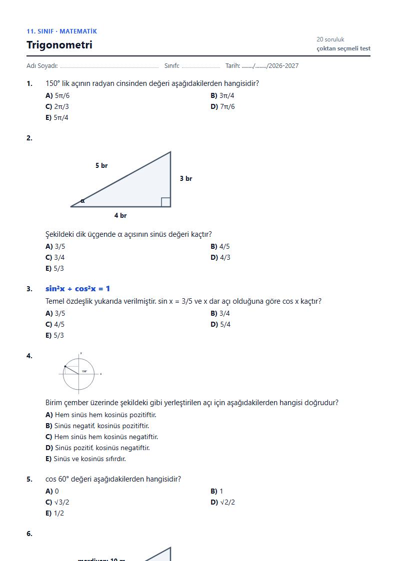 Trigonometri çalışma kağıdı önizlemesi