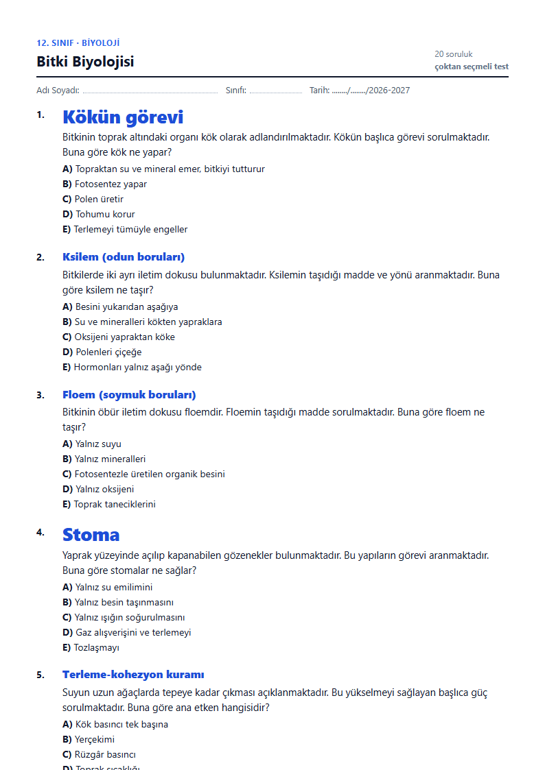 Bitki Biyolojisi çalışma kağıdı önizlemesi