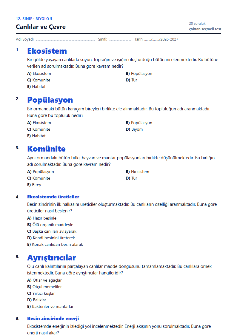 Canlılar ve Çevre çalışma kağıdı önizlemesi