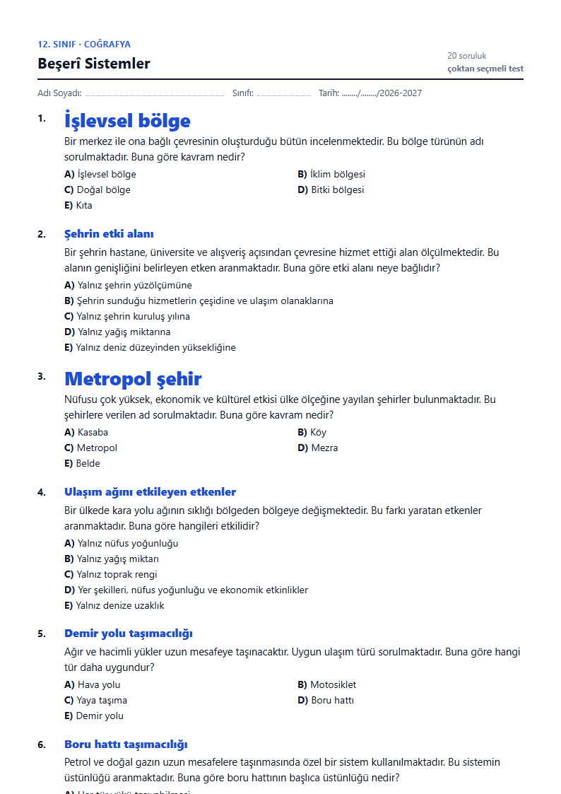 Beşerî Sistemler çalışma kağıdı önizlemesi