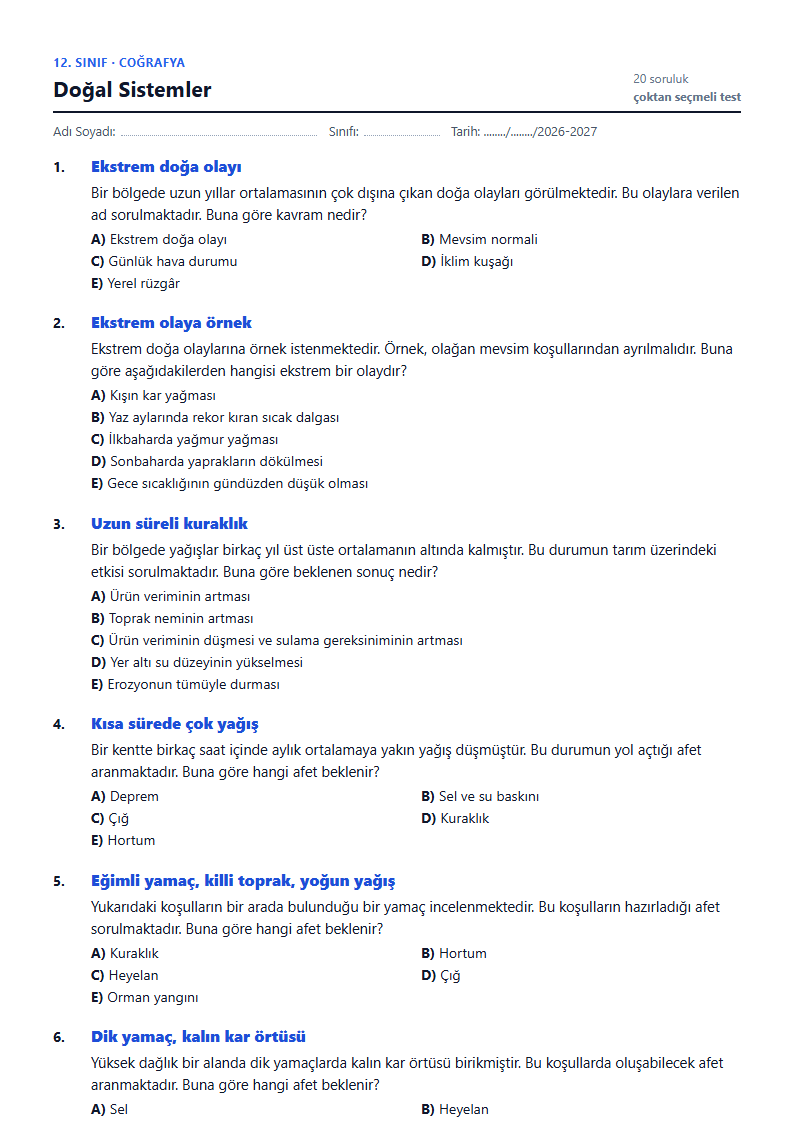 Doğal Sistemler çalışma kağıdı önizlemesi