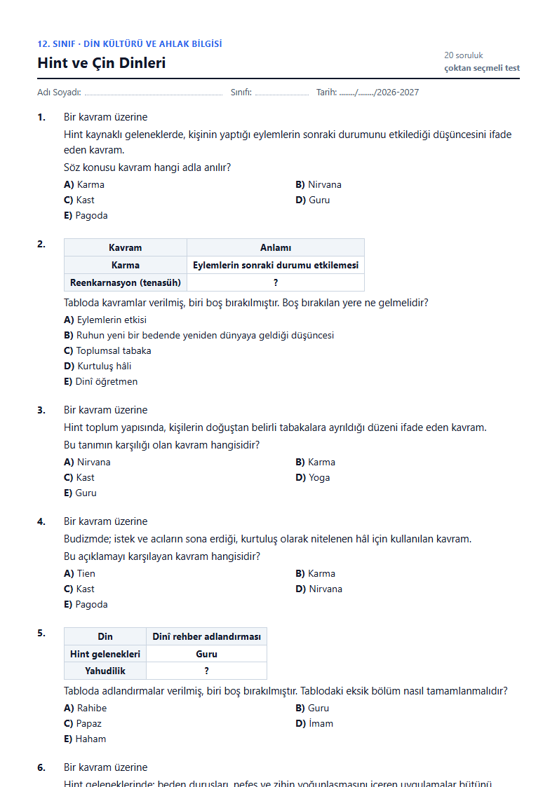 Hint ve Çin Dinleri çalışma kağıdı önizlemesi