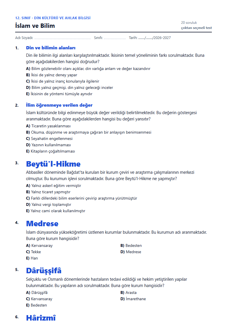 İslam ve Bilim çalışma kağıdı önizlemesi