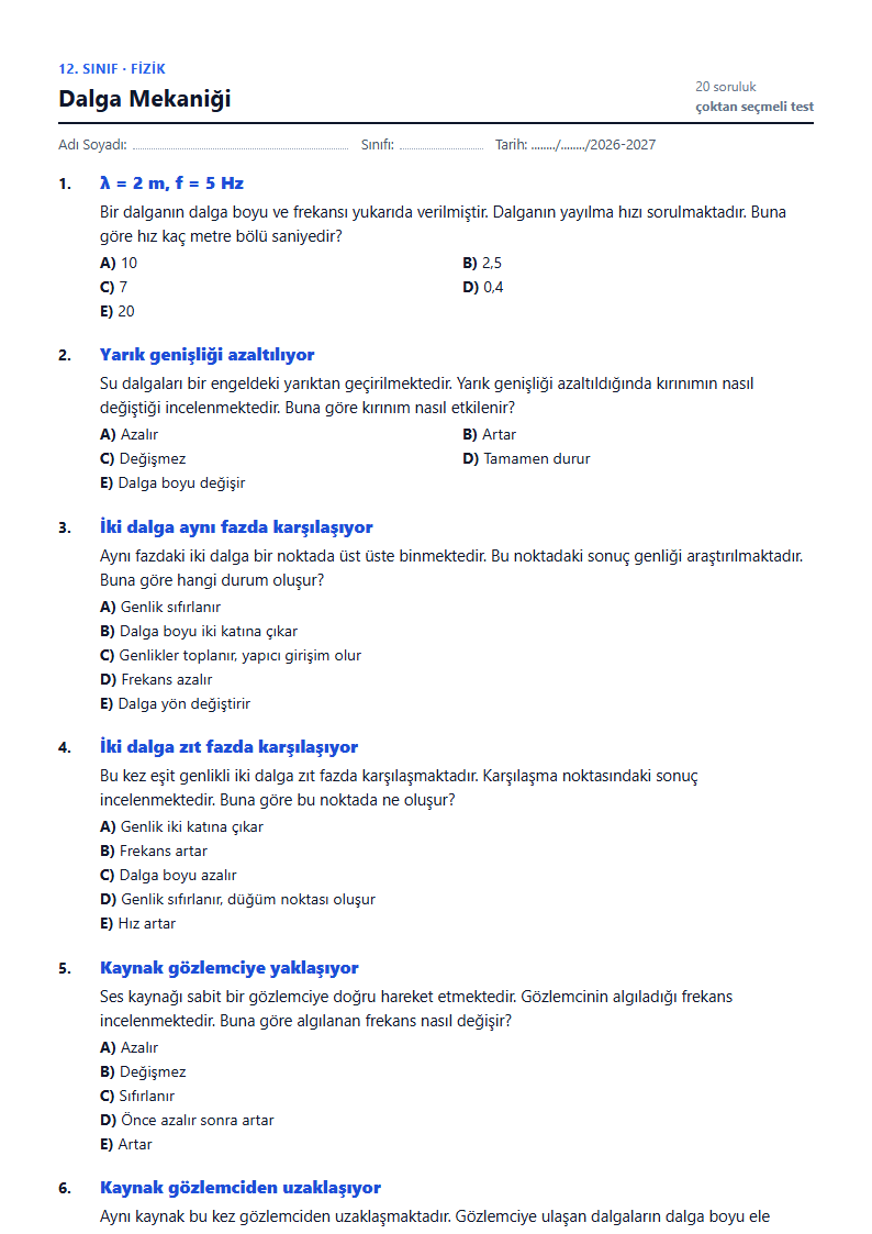 Dalga Mekaniği çalışma kağıdı önizlemesi