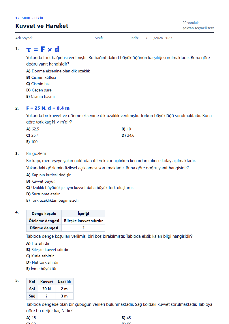 Kuvvet ve Hareket çalışma kağıdı önizlemesi