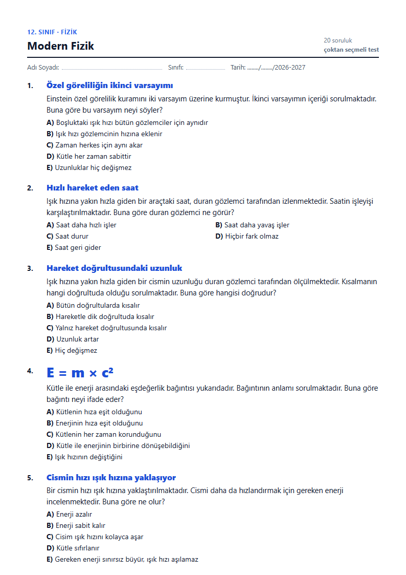 Modern Fizik çalışma kağıdı önizlemesi