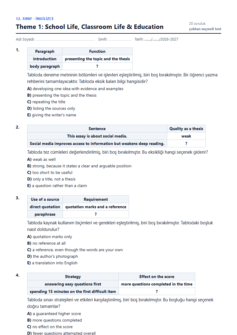 Theme 1: School Life, Classroom Life & Education çalışma kağıdı önizlemesi