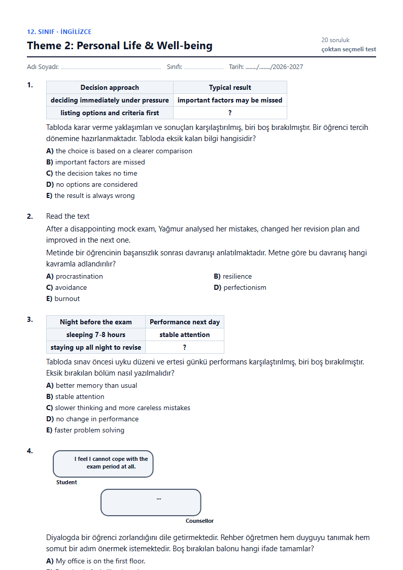 Theme 2: Personal Life & Well-being çalışma kağıdı önizlemesi