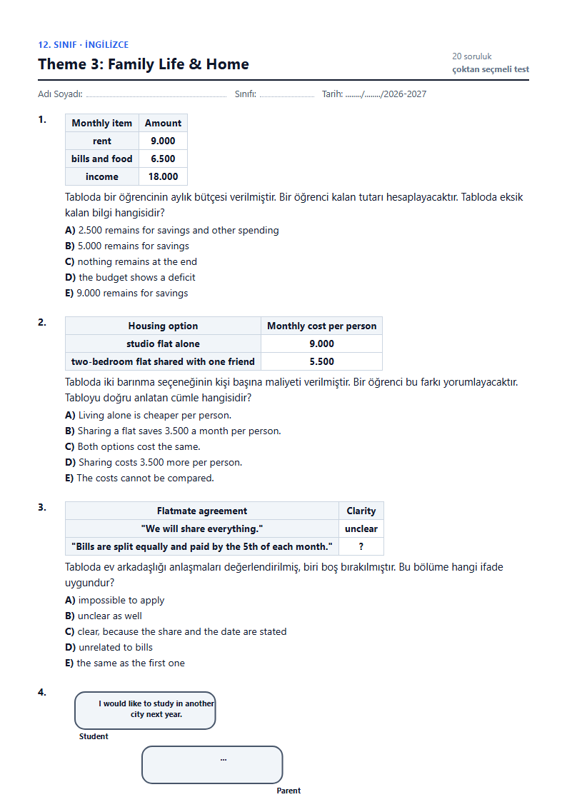 Theme 3: Family Life & Home çalışma kağıdı önizlemesi