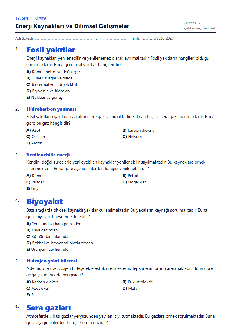 Enerji Kaynakları ve Bilimsel Gelişmeler çalışma kağıdı önizlemesi