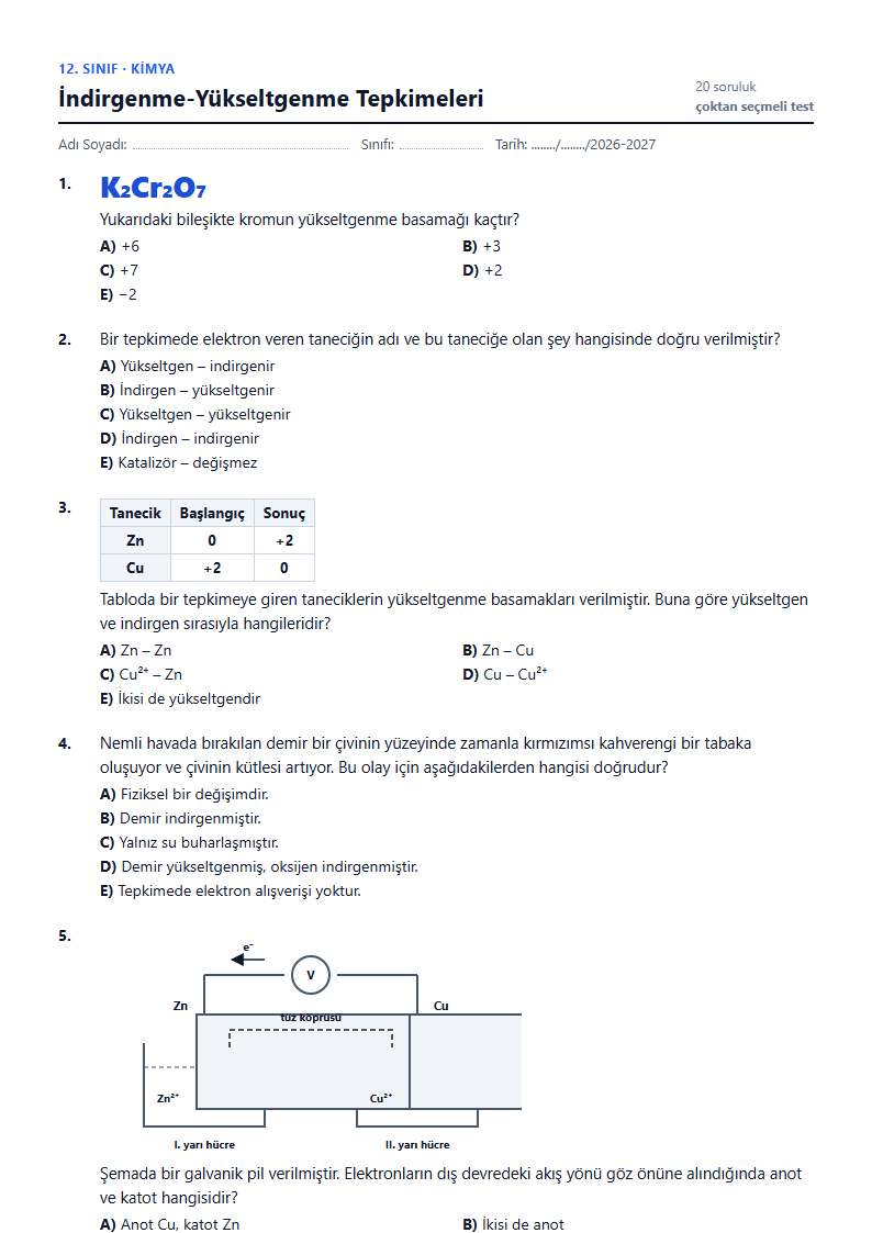 İndirgenme-Yükseltgenme Tepkimeleri çalışma kağıdı önizlemesi