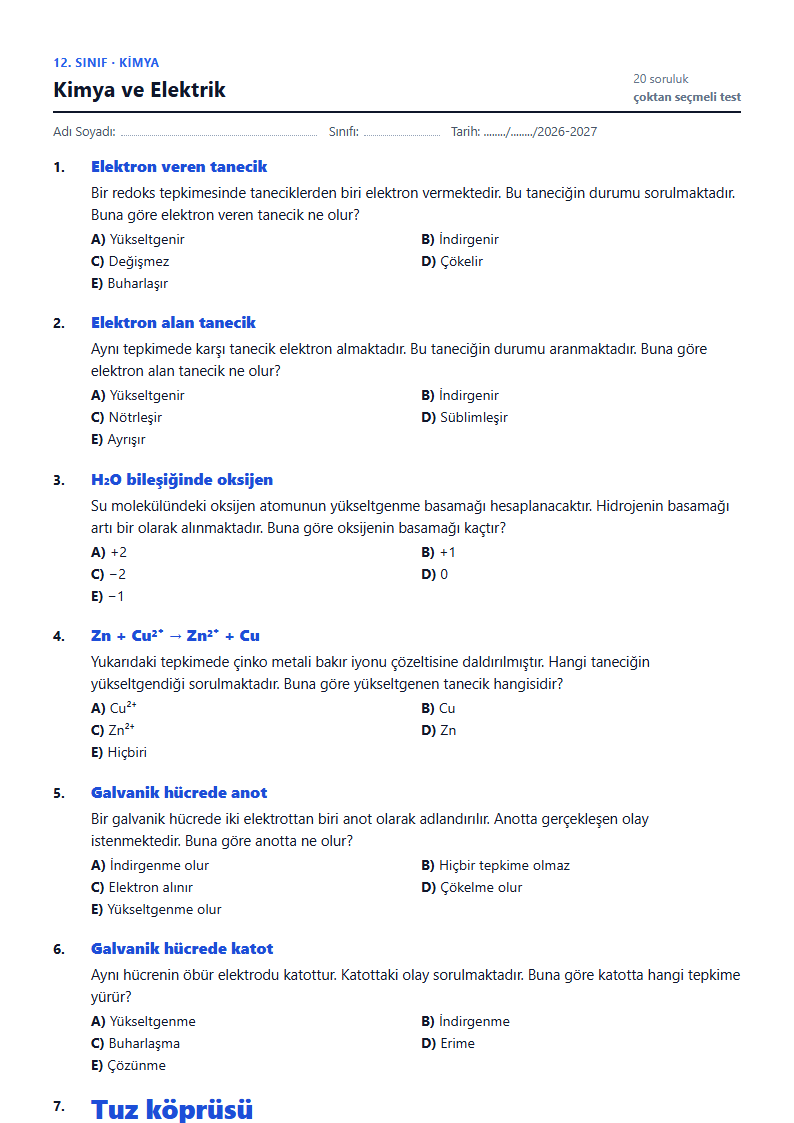 Kimya ve Elektrik çalışma kağıdı önizlemesi