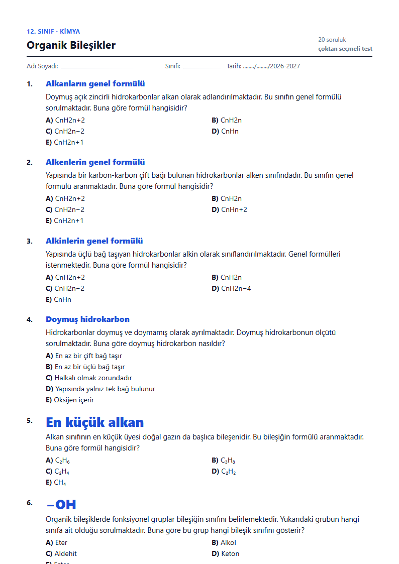 Organik Bileşikler çalışma kağıdı önizlemesi