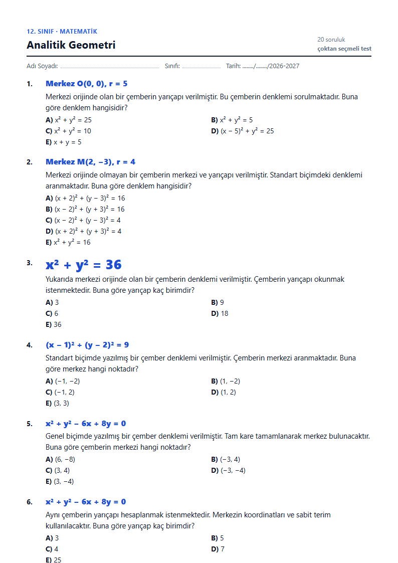 Analitik Geometri çalışma kağıdı önizlemesi