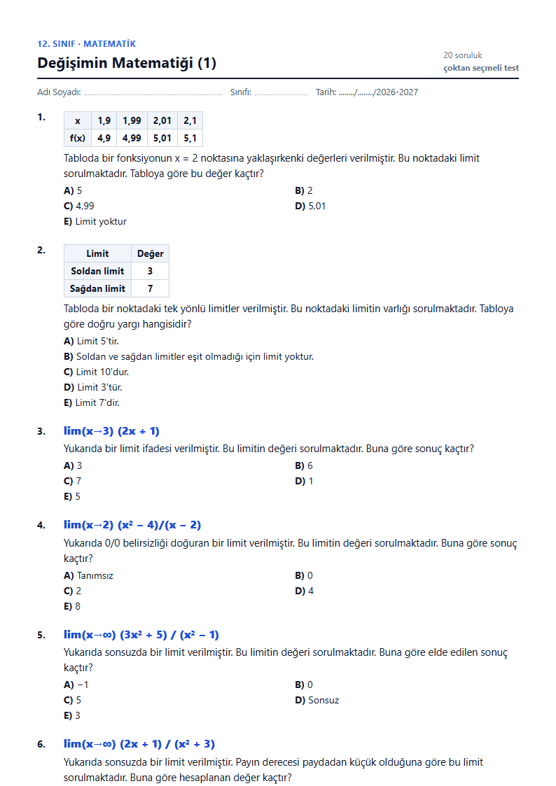 Değişimin Matematiği (1) çalışma kağıdı önizlemesi