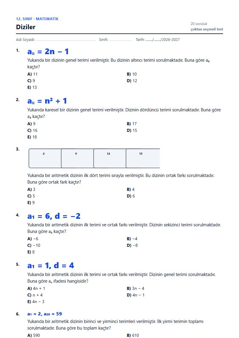 Diziler çalışma kağıdı önizlemesi