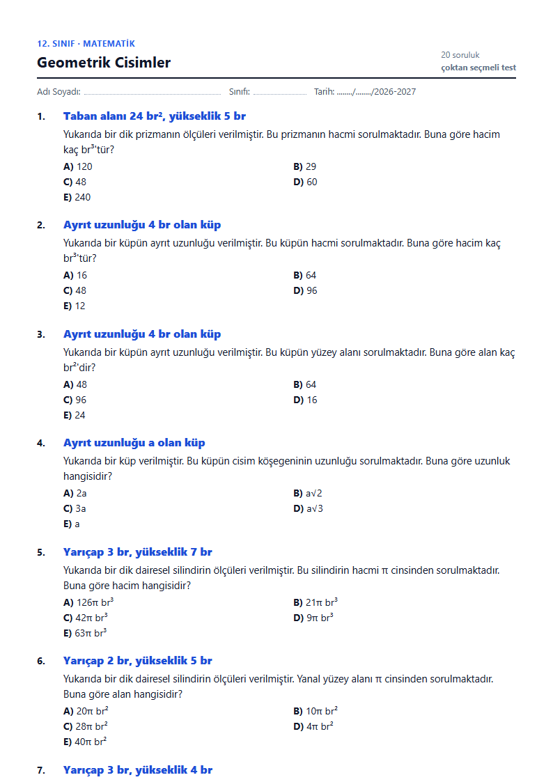 Geometrik Cisimler çalışma kağıdı önizlemesi