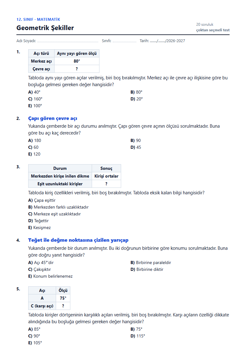 Geometrik Şekiller çalışma kağıdı önizlemesi