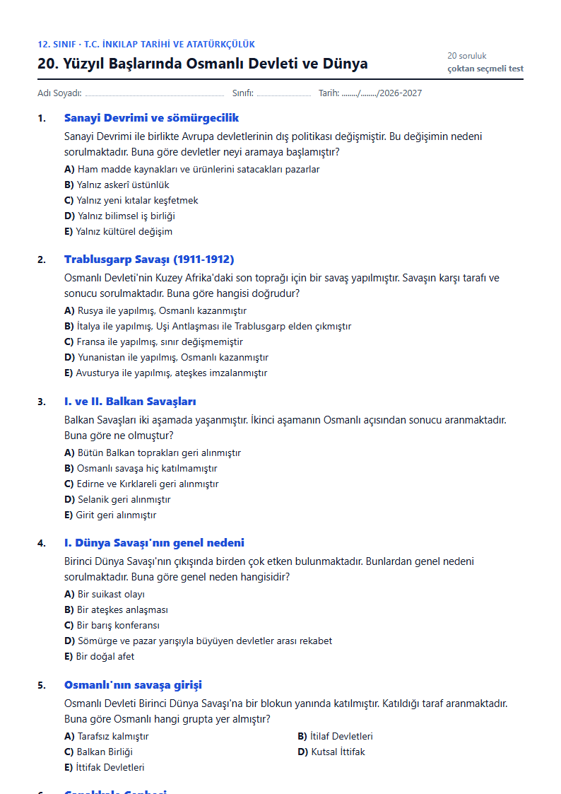 20. Yüzyıl Başlarında Osmanlı Devleti ve Dünya çalışma kağıdı önizlemesi