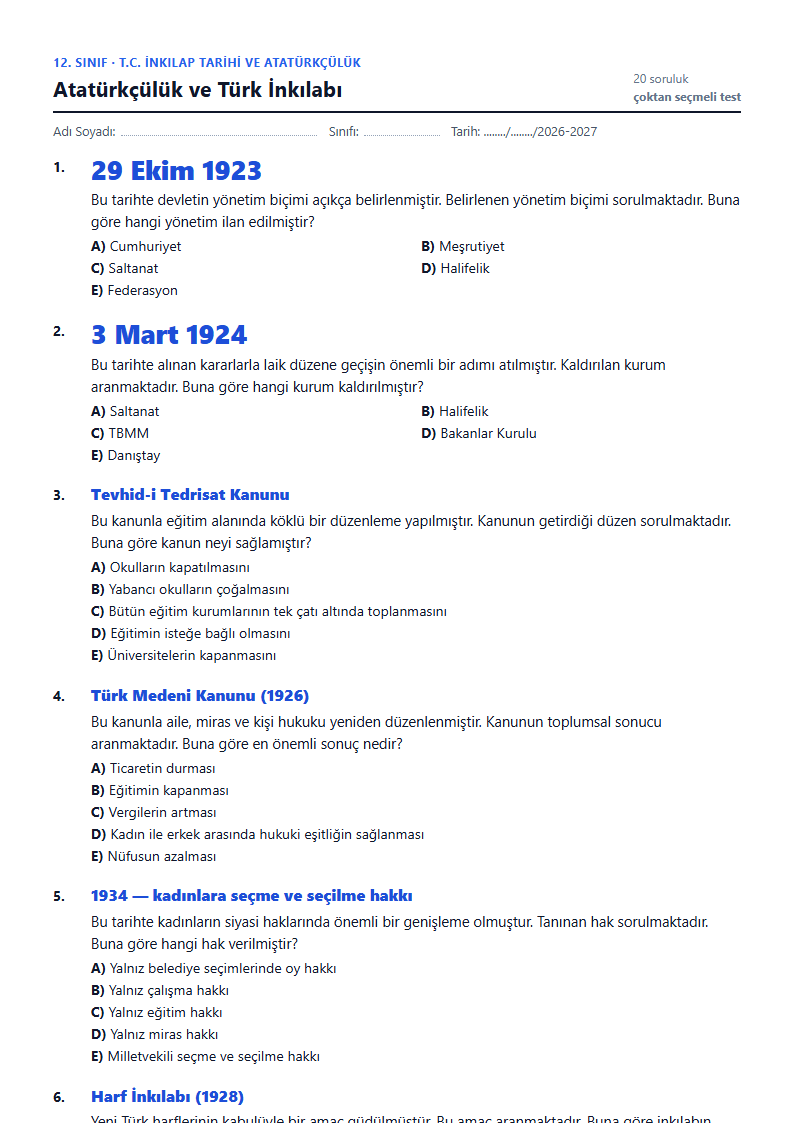 Atatürkçülük ve Türk İnkılabı çalışma kağıdı önizlemesi