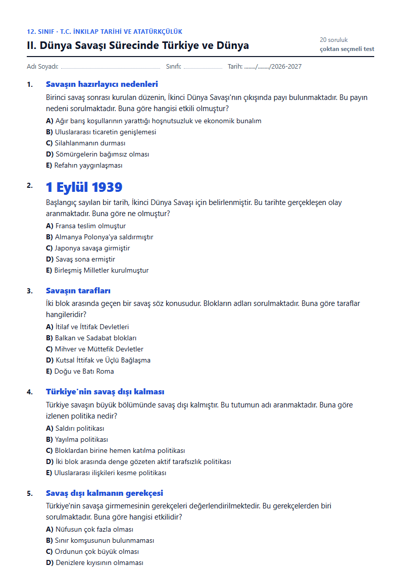 II. Dünya Savaşı Sürecinde Türkiye ve Dünya çalışma kağıdı önizlemesi