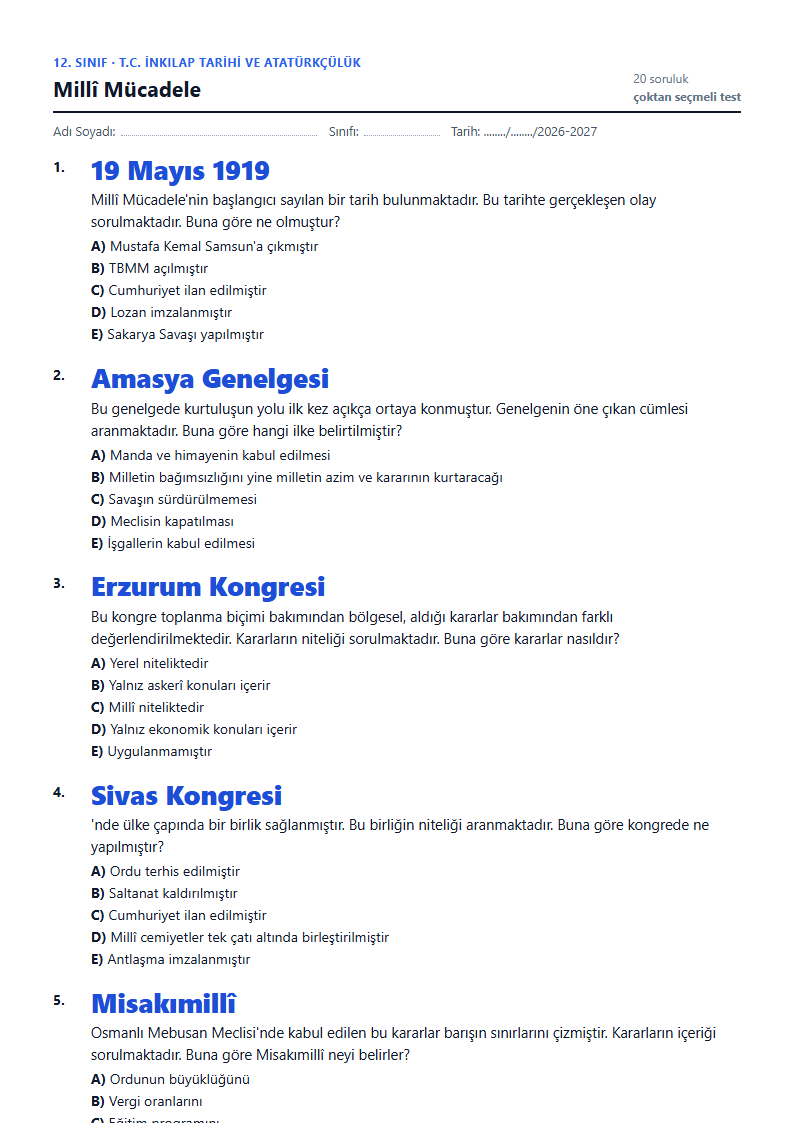 Millî Mücadele çalışma kağıdı önizlemesi
