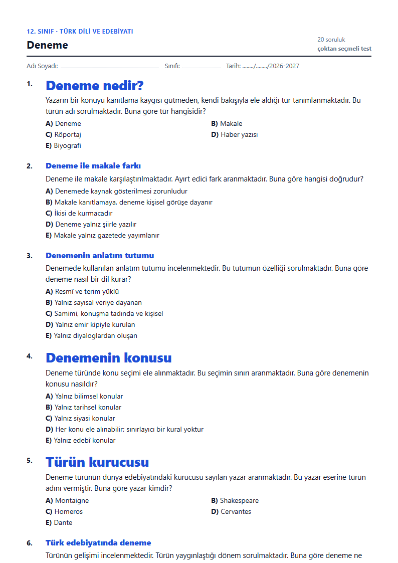 Deneme çalışma kağıdı önizlemesi